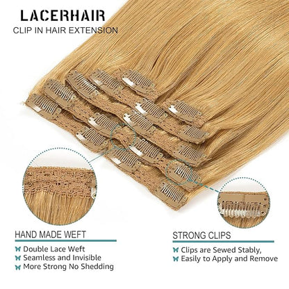 Lacer Hair Straight Hair Clip in Extensions Strawberry Blond 120g 7 Pieces Per Set Grade Quality Silky Straight Double Real Hair Extensions Clip in Human Hair Lace Weft Full Head 16 Inch