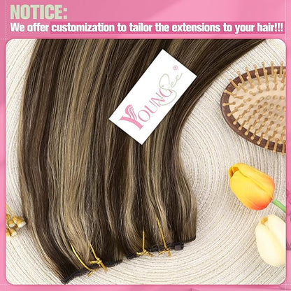 YoungSee 120G Wire Hair Extensions Highlight Fish Line Hair Extensions Human Hair Dark Brown Highlight Blonde Invisible Wire Real Human Hair Extension Heat-Styable for Party 18inch