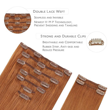 WENNALIFE Clip in Hair Extensions Real Human Hair, 20 Inch 150g 9pcs Human Hair Extensions Clip In, Dirty Ginger Hair Extensions Clip In Real Hair Coloured Remy Human Hair Extensions