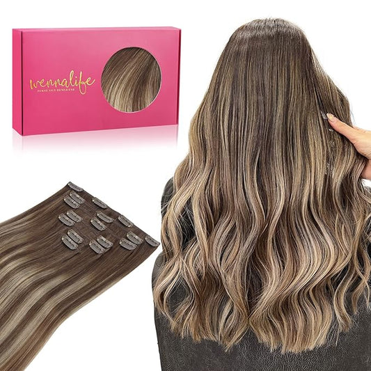 WENNALIFE Clip in Hair Extensions Real Human Hair, 16 Inch 120g 7pcs Balayage Chocolate Brown to Honey Blonde Hair Extensions Clip in Human Hair Remy Clip in Hair Extensions Real Human Hair