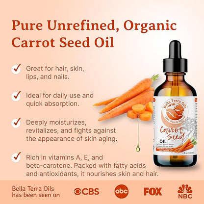 Bella Terra Oils - Organic Carrot Seed Oil 8 oz - Unveiling Organic Carrot's Enzymes & Nutritional Benefits, A Cold-Pressed Delight for a Natural Skin Glow