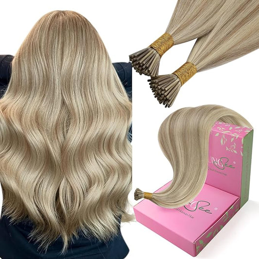 YoungSee I Tip Hair Extensions Blonde Itip Hair Extensions Real Human Hair Blonde Mix Golden Blond Highlight Itip Human Hair Extension Silky Straight 20 Inch 50g 50s