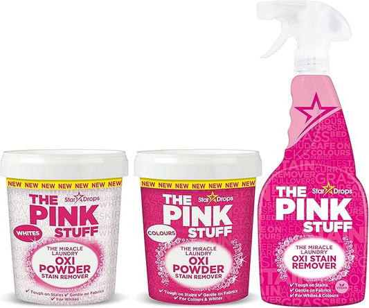 Stardrops The Pink Stuff Miracle Laundry Stain Remover Kit – Oxi Powder for Whites & Colors, Stain Remover Spray – Tough on Stains, Gentle on Fabrics (3-Pack)