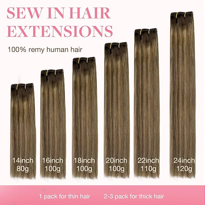 GOO GOO Sew in Hair Extensions Real Human Hair, Weft Hair Extensions Human Hair, 4D/14/5B Brunette Balayage 16inch 100g, Weft Bundles Straight Silky Remy Hair