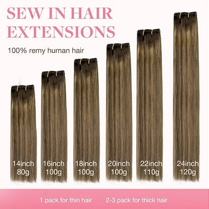 GOO GOO Sew in Hair Extensions Real Human Hair, Weft Hair Extensions Human Hair, 4D/14/5B Brunette Balayage 16inch 100g, Weft Bundles Straight Silky Remy Hair