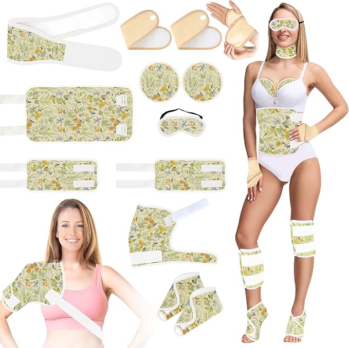 12 Pcs Castor Oil Pack Wrap, Reusable Castor Oil Pack Kit Organic Cotton for Shoulder Hands Neck Waist Chest Knees and Feet, Adjustable Compress Pads for Entire Body, Machine Washable(Green)