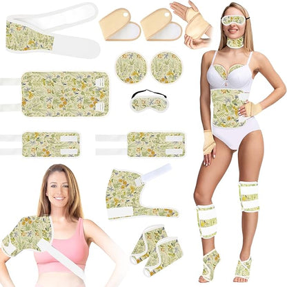 12 Pcs Castor Oil Pack Wrap, Reusable Castor Oil Pack Kit Organic Cotton for Shoulder Hands Neck Waist Chest Knees and Feet, Adjustable Compress Pads for Entire Body, Machine Washable(Green)