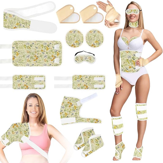 12 Pcs Castor Oil Pack Wrap, Reusable Castor Oil Pack Kit Organic Cotton for Shoulder Hands Neck Waist Chest Knees and Feet, Adjustable Compress Pads for Entire Body, Machine Washable(Green)