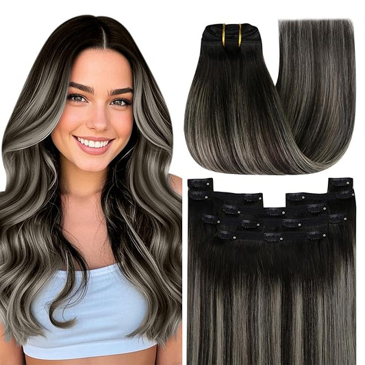 YoungSee 24In Clip in Human Hair Extensions Ombre Clip in Hair Extensions Real Human Hair Blend of Black and Silver with Black Roots for Women Realistic Effect 7Pcs 120G