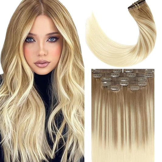Lacer Hair Extensions Clip in Human Hair 16inch Light Brown Fading to Platinum Blonde 100% Human Hair Clip in Hair Extensions 7pcs 110g with 16 Clips Real Remy Human Hair