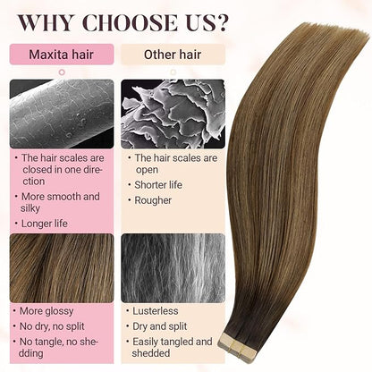 MAXITA Tape in Hair Extensions Human Hair, Real Remy Straight Tape in Extensions, Ash Dark Brown to Warm Brown and Light Chestnut Brown Skin Weft Hair Extensions 24 Inch 50g 20pcs