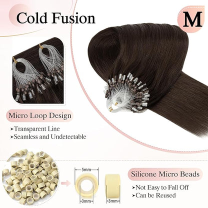 Micro Link Hair Extensions - Human Hair Micro Bead & Loop Extensions - Silky Straight Natural 50g/100 Stands 16" Dark Brown