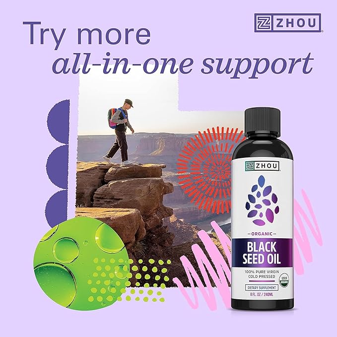 ZHOU Black Seed Oil Capsules - Black Cumin Seed Oil Cold Pressed, Nigella Sativa, Pure Unrefined Blackseed, Premium Supplement for Health, Hair & Skin w/Thymoquinone - 60 Capsules (Pack of 2)