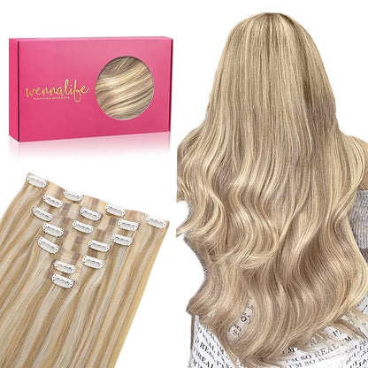 WENNALIFE Seamless Clip In Hair Extensions, 22 Inch 150g 7pcs Dirty Blonde Highlighted Bleach Blonde Hair Extensions Clip in Human Hair Invisible PU Skin Weft Natural Remy Human Hair Extensions