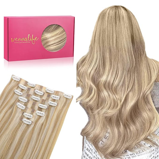 WENNALIFE Seamless Clip In Hair Extensions, 22 Inch 150g 7pcs Dirty Blonde Highlighted Bleach Blonde Hair Extensions Clip in Human Hair Invisible PU Skin Weft Natural Remy Human Hair Extensions