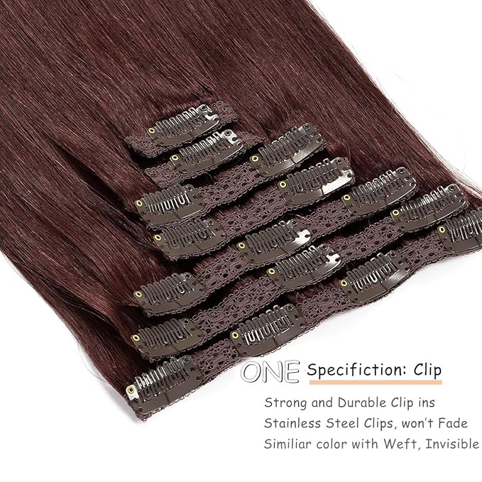 Caliee Clip in Hair Extensions Real Human Hair Burgundy Wine Red Color Double Weft Lace Invisible Silky Straight Hair Extensions Clip ins for Full Head 120 G 14 Inch