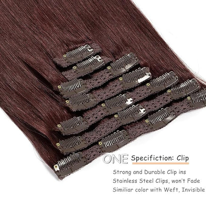 Caliee Clip in Hair Extensions Real Human Hair Burgundy Wine Red Color Double Weft Lace Invisible Silky Straight Hair Extensions Clip ins for Full Head 120 G 14 Inch