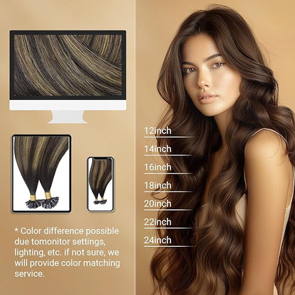 MAXITA U Tip Hair Extensions Human Hair, Balayage Dark Brown Mixed Chestnut Brown Virgin Human Hair Extensions Real Human Hair, 50g/50 Strands/Pack, 23 In