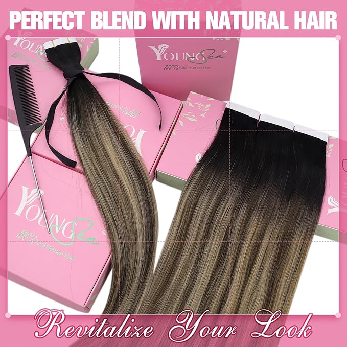 YoungSee Human Hair Tape in Extensions Balayage 14Inch 50g Tape Hair Extensions Real Human Hair Black Ombre Brown Invisible Tape in Hair Extensions 20pcs Tape Human Hair Extensions Silky Straight