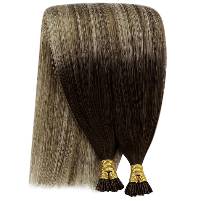 YoungSee I Tip Hair Extensions Balayage Tip Hair Extensions Balayage Brown with Blonde I Tips Human Hair Extensions 18 Inch Invisible I Tip Hair Ombre for Adding Hair Volume 50g 60s Remy Hair