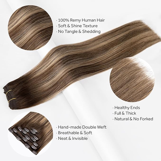 Clip in Hair Extensions Real Human Hair, Invisible Clip In Hair Extensions 100% Human Hair, Balayage Chocolate Brown to Caramel Blonde #4TP27/4 16Inch 120G 7PCS
