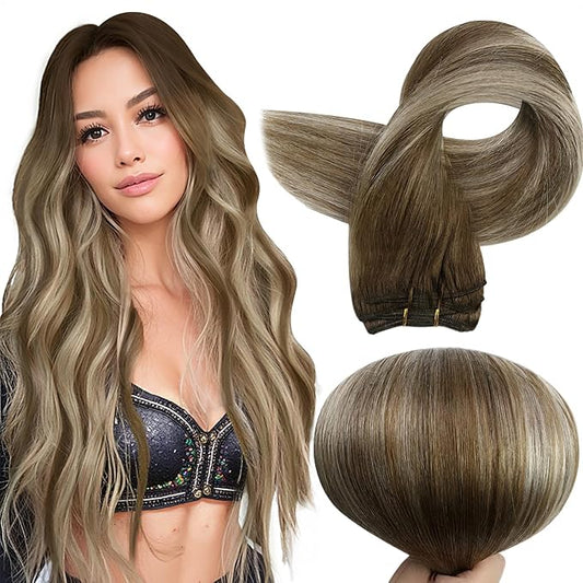 Full Shine 20 Inch Human Hair Extensions Sew In Hair Extensions Real Human Hair Color Chestnut Brown Fading To Platinum Blonde Mix Brown Hair Weft Sew In Weft Extensions For Women 105G