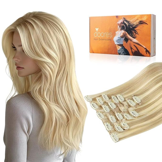 DOORES Human Hair Extensions Clip in, Dirty Blonde Highlight Golden Blonde 120g 7pcs 22 Inch, Real Natural Thick Silky Hair