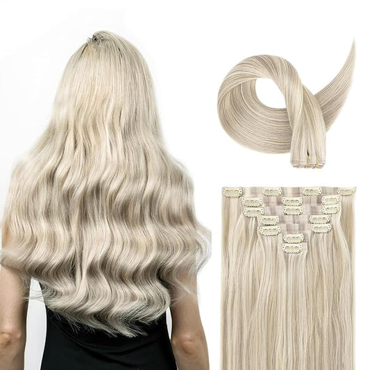 Clip in Hair Extensions Real Human Hair, Remy Hair Extensions Clip In Human Hair Thick and Silky, Ash Blonde Highlighted Platinum Blonde #P17A/60A 16Inch 120G 7PCS