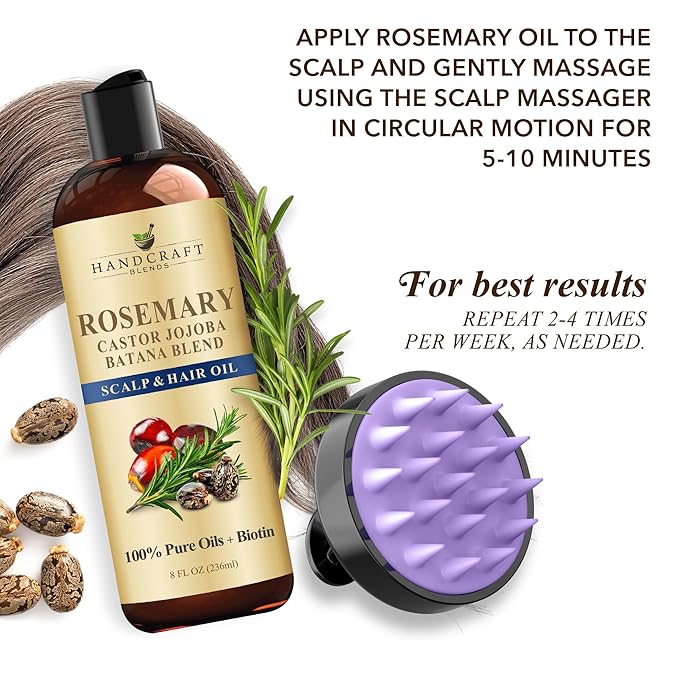 Handcraft Blends Rosemary Oil for Hair Growth with Scalp Massager – 8 Fl Oz – Nourishing Hair Oil – Made with 100% Pure and Natural Rosemary, Castor, Jojoba, and Batana Oils & Biotin