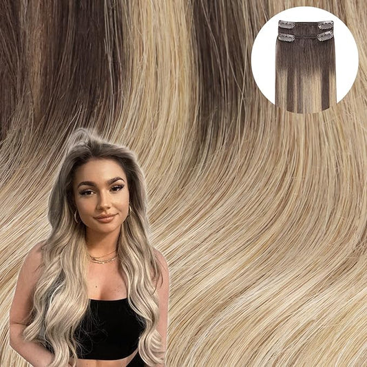 WENNALIFE Clip in Hair Extensions Real Human Hair Refill, 30g 22 inch 2pcs Balayage Chocolate Brown to Dirty Blonde Hair Extensions Clip in Human Hair for Hair Loss and Thinning Hair Straight Remy