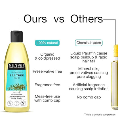 Soulflower Tea Tree Hair Oil for Dandruff & Hair Loss Control, Scalp Treatment - 100% Pure, Organic, Natural, Coldpressed, Vegan - 225 ml