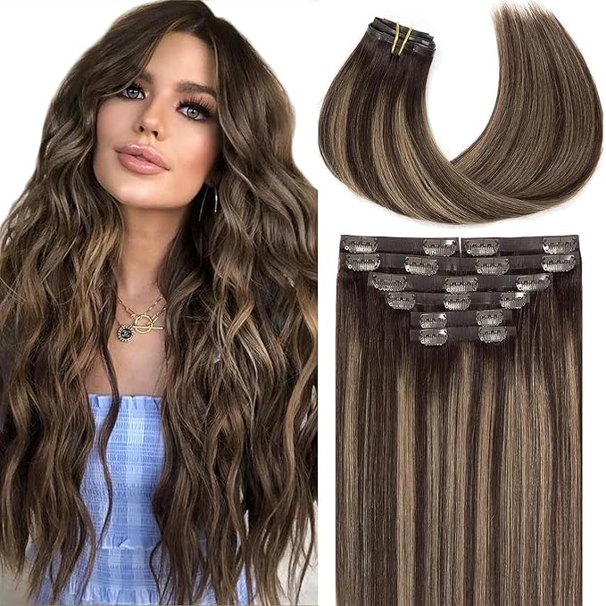 Loxxy Real Hair Extensions - Clip-In Human Hair Ombre Dark Brown to Chestnut Brown - Invisible Clip Ins - 18in, 130g, 7pcs - Seamless, Silky Straight, Thick Remy