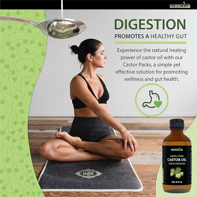 GreenIVe Castor Oil Organically Grown 100% Pure 8oz Glass Bottle Cold Pressed, Hexane Free, Eyelash and Eyebrow Growth Serum, Skin Moisturizer Detox and Wraps