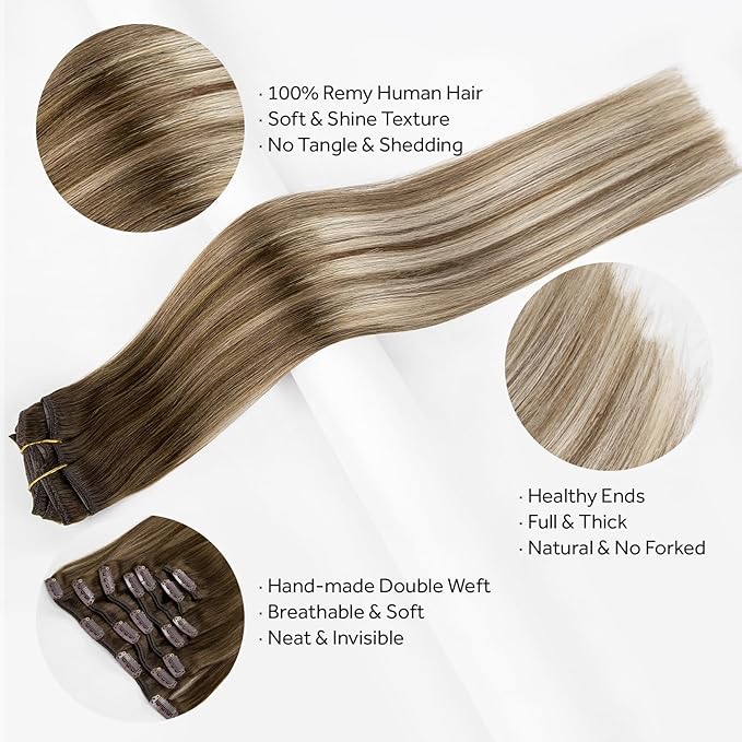 Clip in Hair Extensions Real Human Hair, Silky Straight Remy Hair Extensions for Women, Balayage Walnut Brown to Ash Brown and Bleach Blonde #3TP8/613 18Inch 120G 7PCS