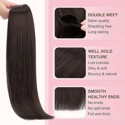 GOO GOO Sew in Hair Extensions Real Human Hair, Weft Hair Extensions Human Hair, 2A Light Brown 20inch 105g, Weft Bundles Straight Silky Remy Hair