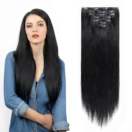 Clip in Hair Extensions Real Human Hair, Jet Black 100% Human Hair Extensions Clip in, Tangle-free Silky Straight Hair Extensions for Women, #1 18Inch 120G 7PCS