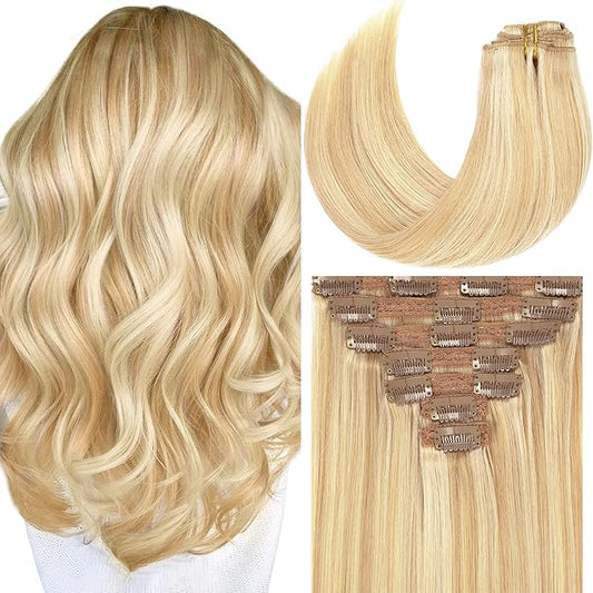 Loxxy 9A Grade Remy Human Hair Clip in Extensions Double Weft Brazilian Human Hair Thick Silky Straight Clip in Light Golden Brown Mixed Platinum Blonde P#12/60 18 Inch 120g