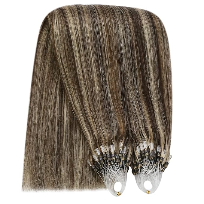 YoungSee Microlink Hair Extensions Human Hair Brown Highlight Micro Beads Hair Extensions Dark Brown Highlight Caramel Blonde Bead Hair Extensions Real Human Hair Short Hair Extensions 14 Inch 50g 50s