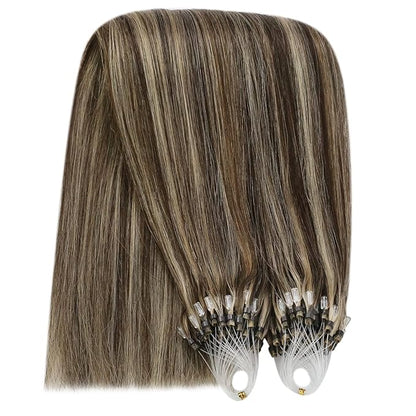 YoungSee Microlink Hair Extensions Human Hair Brown Highlight Micro Beads Hair Extensions Dark Brown Highlight Caramel Blonde Bead Hair Extensions Real Human Hair Short Hair Extensions 14 Inch 50g 50s