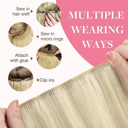 GOO GOO Sew in Hair Extensions Real Human Hair, Weft Hair Extensions Human Hair, 17A/60A Ash Blonde Highlighted Platinum Blonde 16inch 100g, Weft Bundles Straight Silky Remy Hair