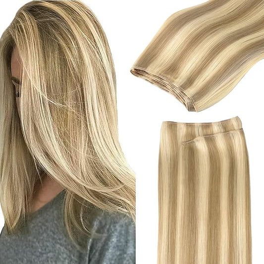 GOO GOO Sew in Hair Extensions Real Human Hair, Weft Hair Extensions Human Hair, 16/22 Light Blonde Highlighted Golden Blonde 18inch 100g, Weft Bundles Straight Silky Remy Hair