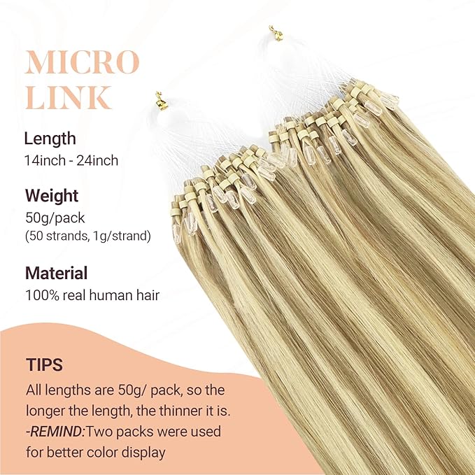 MAXITA Microlink Hair Extensions Human Hair, Light Blonde Highlighted Golden Blonde Micro Bead Hair Extensions Virgin Human Hair, 50g/50 Strands/Pack, 20 In
