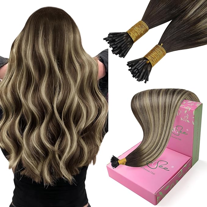YoungSee Itip Human Hair Extensions Balayage Tip Hair Extensions Ombre Dark Brown with Ash Blonde I Tips Hair Extension for Women 80s I-Tips Extensions Real Human Hair Silky Straight 16Inch 50g