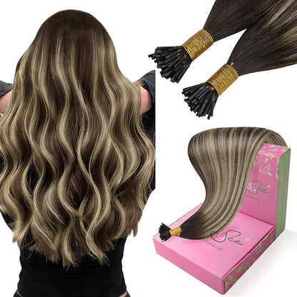 YoungSee Itip Human Hair Extensions Balayage Tip Hair Extensions Ombre Dark Brown with Ash Blonde I Tips Hair Extension for Women 80s I-Tips Extensions Real Human Hair Silky Straight 16Inch 50g