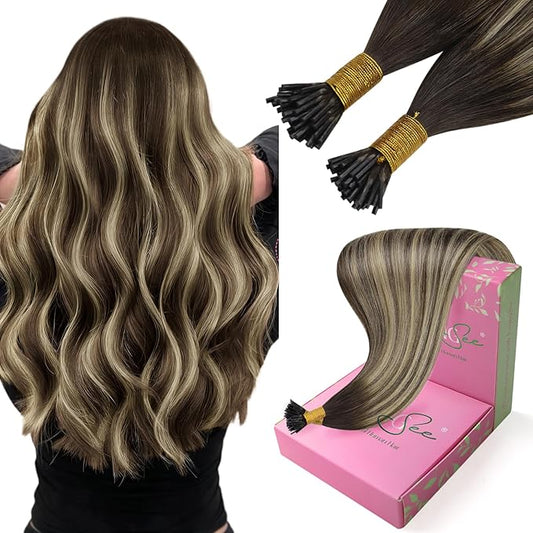 YoungSee Itip Human Hair Extensions Balayage Tip Hair Extensions Ombre Dark Brown with Ash Blonde I Tips Hair Extension for Women 80s I-Tips Extensions Real Human Hair Silky Straight 16Inch 50g