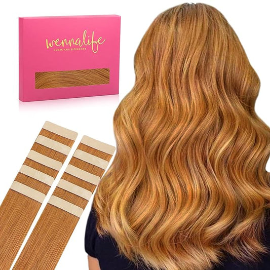WENNALIFE Tape in Hair Extensions Human Hair, 10pcs 30g 26 inch Auburn Ginger Remy Invisible Tape Ins Straight Colored Soft Real Human Hair Tape in Extensions Refill Set Extensions
