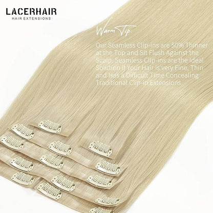Lacer Hair Ultra Seamless Real Hair Extensions Clip in Human Hair 9A Grade Remy Hair Super Invisible Double Side PU Skin Weft Comfortable Clip Ins for Women 7 Pcs 110g 16 Inch #60A Platinum Blonde
