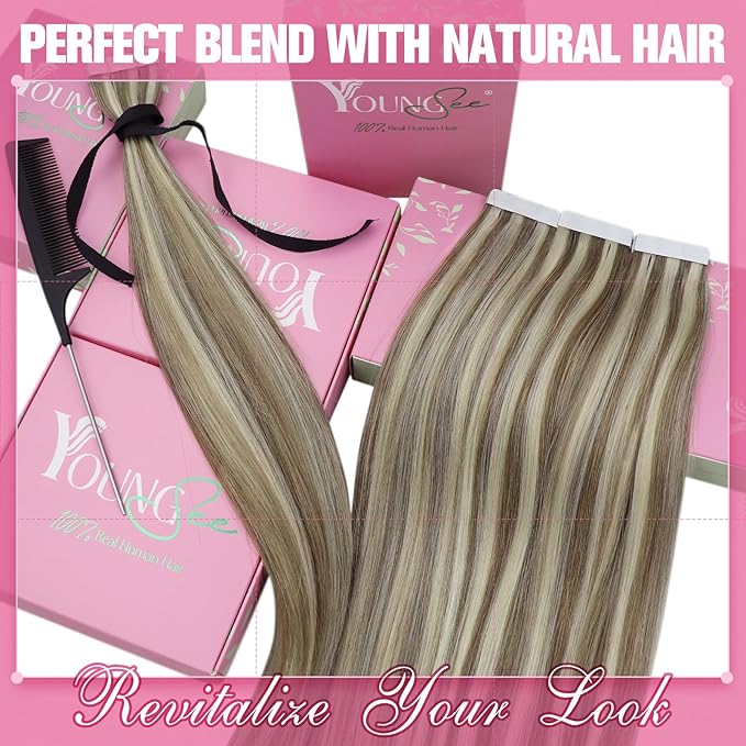 YoungSee Tape in Extensions Human Hair Highlight Brown Tape Hair Extensions Real Human Hair Light Brown Highlight Blonde Tapein Hair Extensions Real Human Hair Remy Silky Straight 16 Inch 20pcs 50g