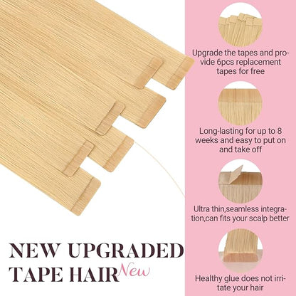 MAXITA Human Hair Tape in Extensions, Tape in Hair Extensions Real Human Hair Light Blonde 14 Inch 20pcs 50g Real Skin Weft Straight Natural Human Hair Extensions