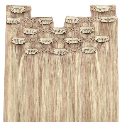 YoungSee 135G Clip in Human Hair Extensions Blonde Highlight Remy Human Hair Clip in Extensions Warm Ash Blonde Highlights Bleach Blonde Compatible with Various Head Circumferences 16Inch 7Pcs
